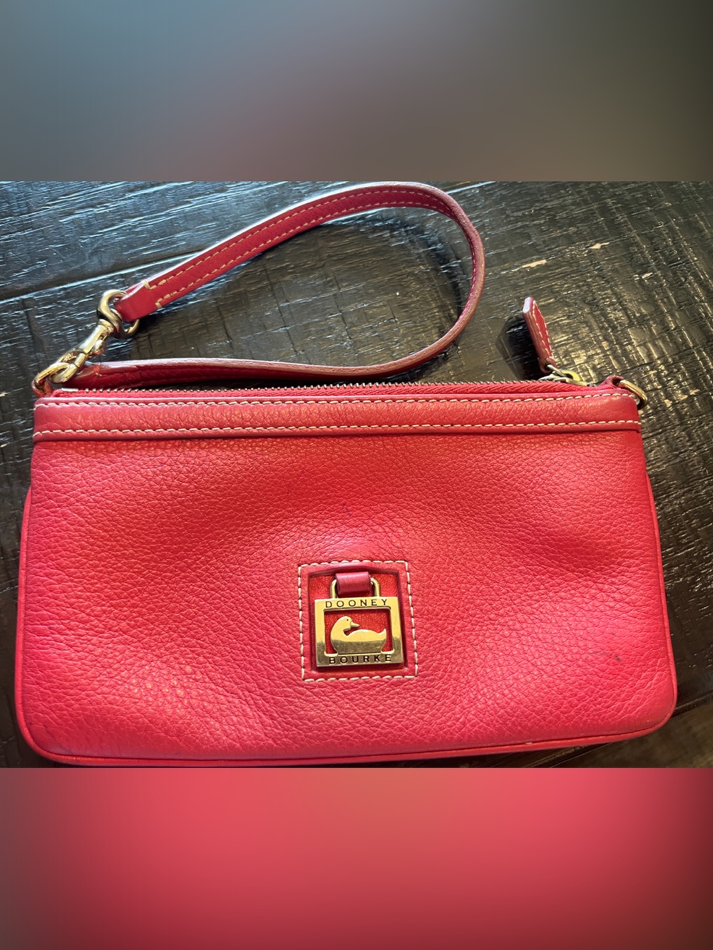 Dooney & Bourke Red Pebbled Leather Wristlet with Gold Hardware